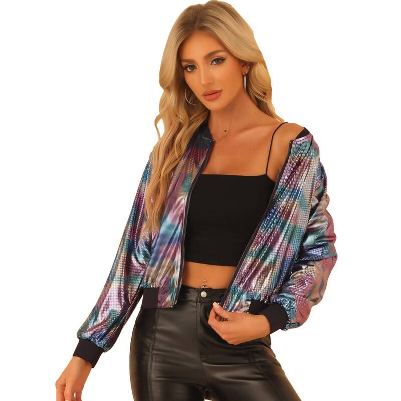 アレグラ ケー レディース アウター ジャケット・ブルゾン トール ALLEGRA K Women's Casual Stand Collar Metallic Zip Crop Length Bomber Jacket Iridescent メタリック