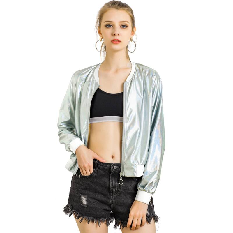 アレグラ ケー レディース アウター ジャケット・ブルゾン トール ALLEGRA K Women's Casual Stand Collar Metallic Zip Crop Length Bomber Jacket Light Silver シルバー 10,514円