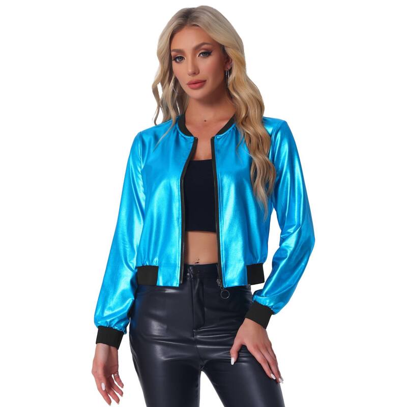 アレグラ ケー レディース アウター ジャケット・ブルゾン トール ALLEGRA K Women's Casual Stand Collar Metallic Zip Crop Length Bomber Jacket Peacock Blue ブルー