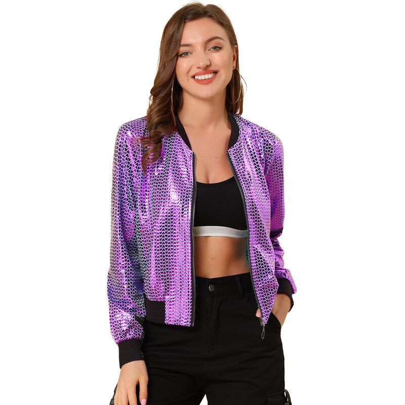 アレグラ ケー レディース アウター ジャケット・ブルゾン トール ALLEGRA K Women's Casual Stand Collar Metallic Zip Crop Length Bomber Jacket Purple 1 パープル