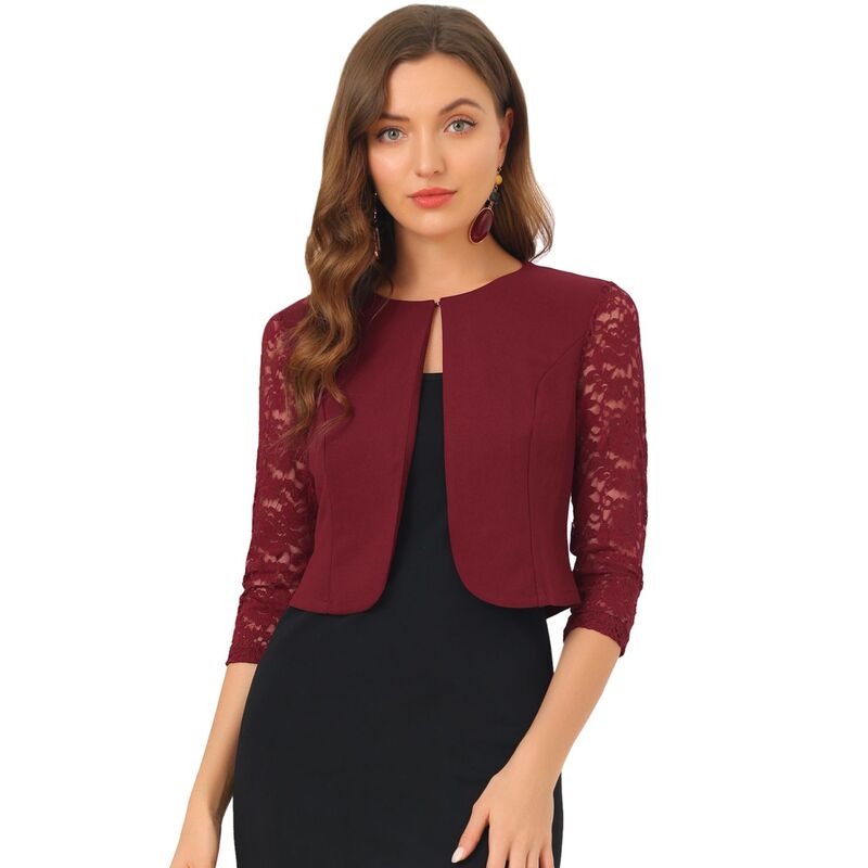 アレグラ ケー レディース アウター ニット・セーター カーディガン レース ALLEGRA K Women's Leisure Lace 3/4 Sleeve Crop Shrug Cardigan Burgundy バーガンディ｜ReVida 店