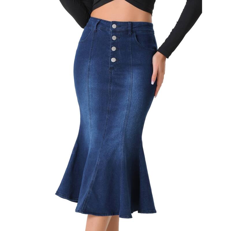 アレグラ ケー レディース ボトムスカート デニム マキシ ALLEGRA K Fishtail Maxi Denim Skirt for Women's Distressed Skirt Black Blue ブラック