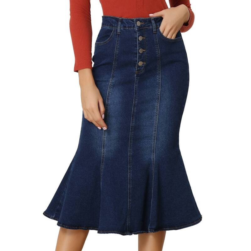 アレグラ ケー レディース ボトムスカート デニム マキシ ALLEGRA K Fishtail Maxi Denim Skirt for Women's Distressed Skirt Dark Blue ブルー
