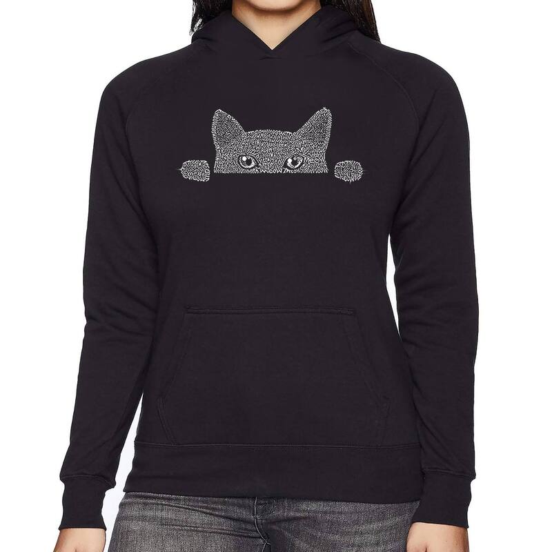 エルエーポップアート レディース トップス Tシャツ スウェット LA Pop Art Peeking Cat - Women\u0027s Word Art Hooded Sweatshirt Black ブラック トップス-レディースファッション-Tシャツ・カットソー