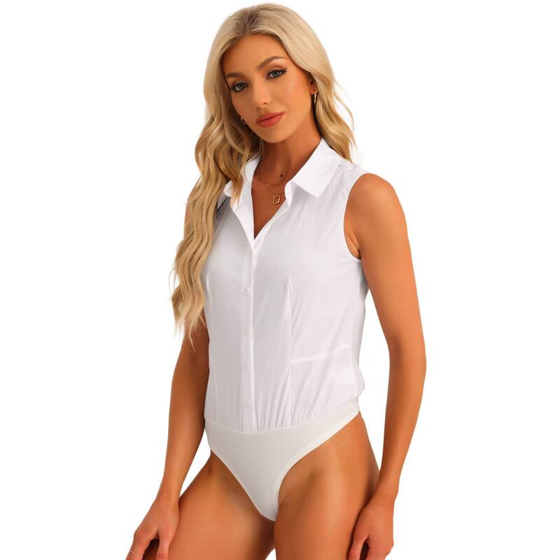 アレグラ ケー レディース トップス Tシャツ ボタンダウン ノースリーブ ダウン ボディースーツ ALLEGRA K Sleeveless Collared Business Work Bodysuitops for Women Button Down Leotard Shirt White ホワイト