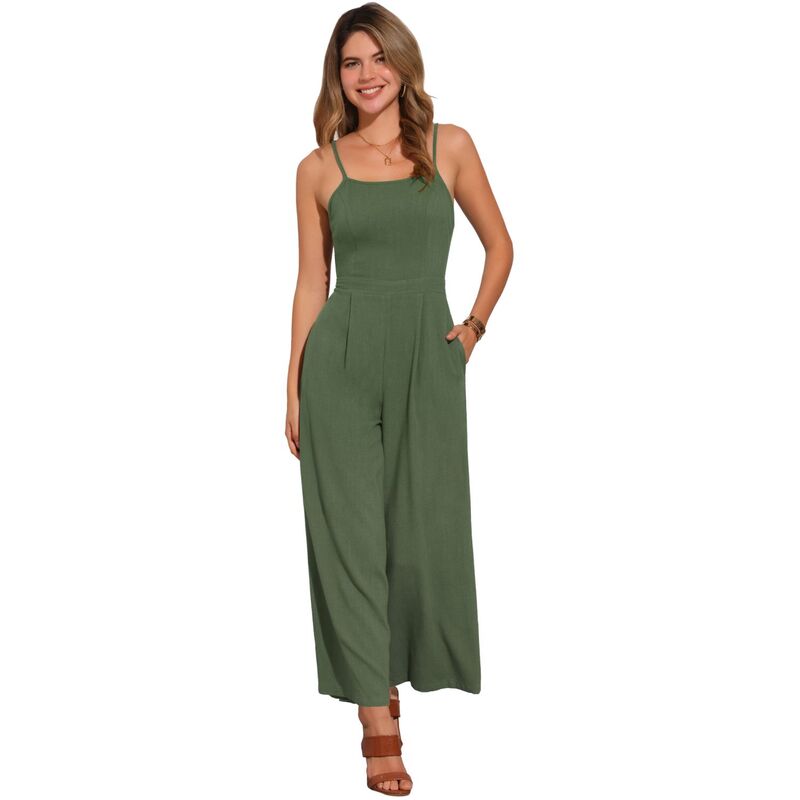 アレグラ ケー レディース トップス ワンピース ロンパース ノースリーブ ジャンプスーツ リネン ALLEGRA K Linen Jumpsuits For Women's Casual Spaghetti Strap Sleeveless Wide Legs Rompers Army Green グリーン