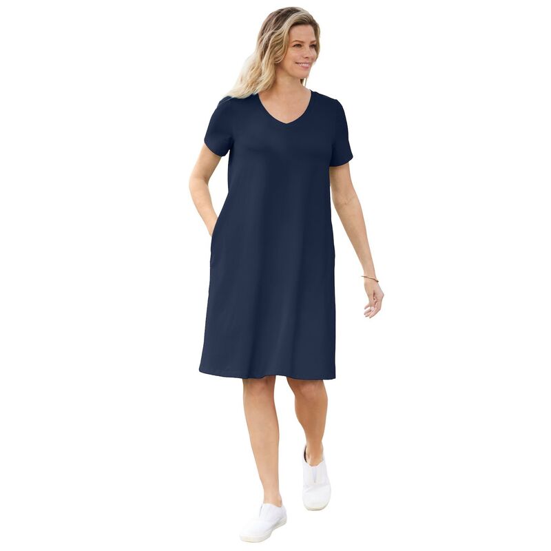 ウーマン ウィズイン レディース トップス ワンピース Vネック プラスサイズ Tシャツ 半袖 Woman Within Plusize Perfect Short-Sleeve V-Neck Tee Dress Navy ネイビー