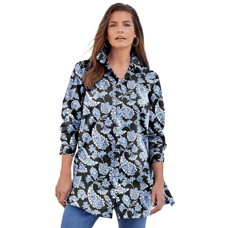 ロアマンズ レディース トップス ティーシャツ 付け加える大いさ 綿織物 長袖 Roaman\u0027s Women\u0027s Plusize Kate Long-Sleeve Crisp Cotton-Blend Button-Frontunic Black Blue Paisley 黒いこと レディースファッション-Tシャツ・カットソー-トップス