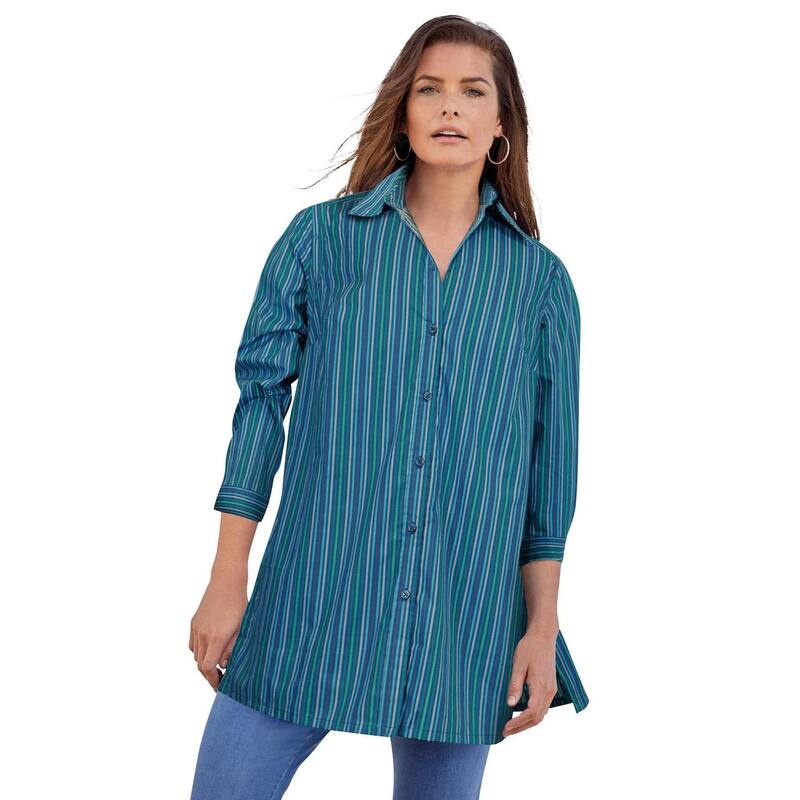 ロアマンズ レディース トップス ティーシャツ 付け加える大いさ 綿織物 長袖 Roaman\u0027s Women\u0027s Plusize Kate Long-Sleeve Crisp Cotton-Blend Button-Frontunic Deep Teal Multi Stripe ティール レディースファッション-Tシャツ・カットソー-トップス