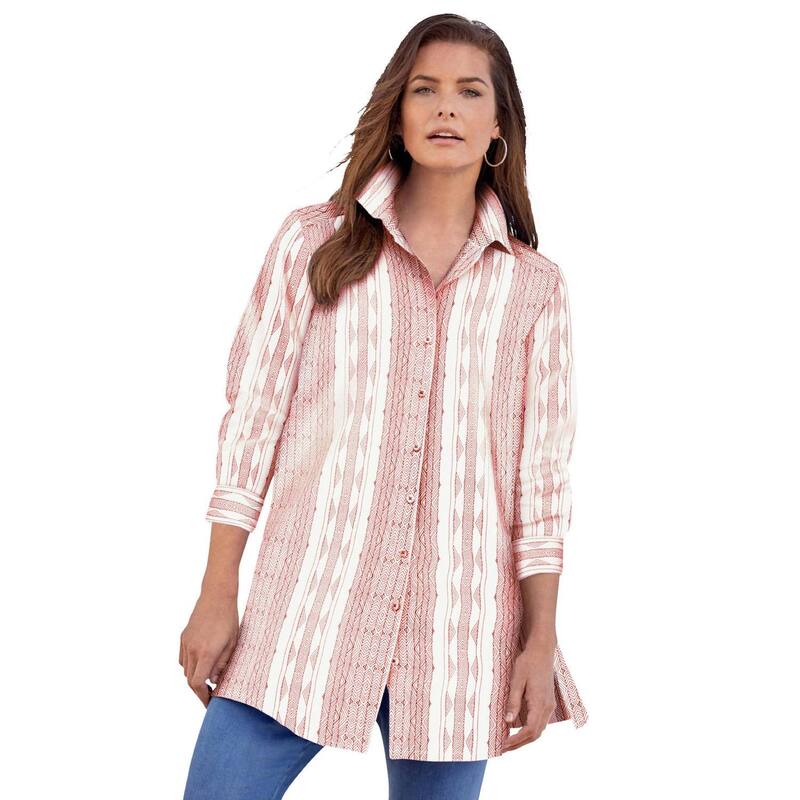 ロアマンズ レディース トップス Tシャツ プラスサイズ コットン 長袖 Roaman's Women's Plusize Kate Long-Sleeve Crisp Cotton-Blend Button-Frontunic Desert Rose White ホワイト｜ReVida 店 10,786円