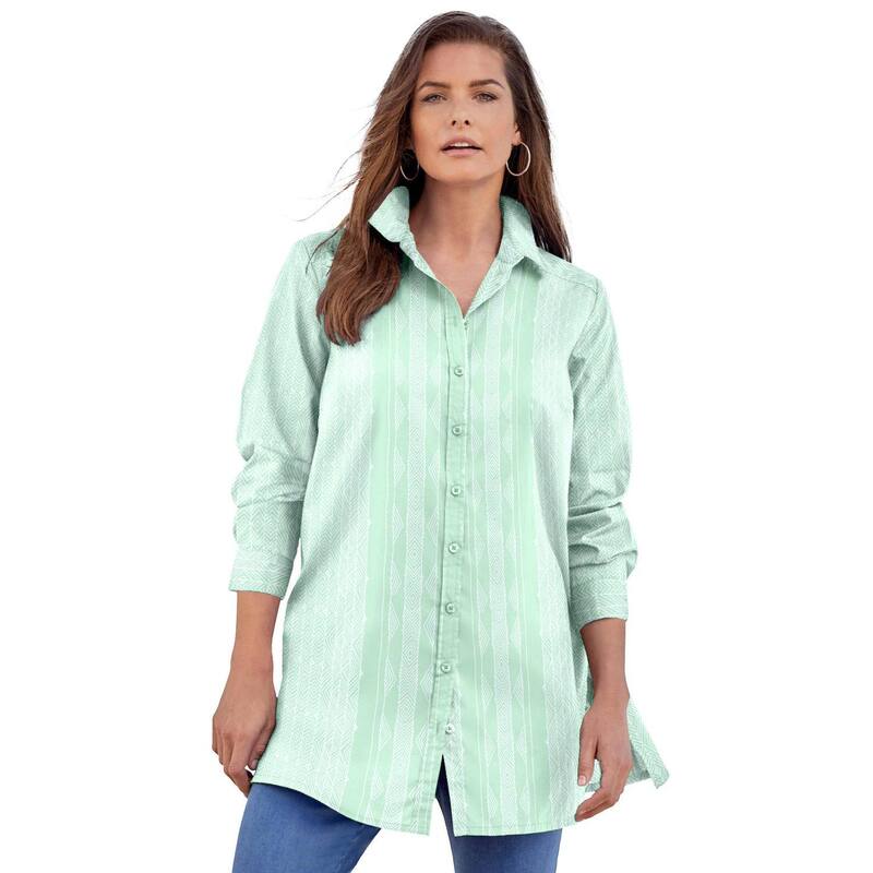 ロアマンズ レディース トップス Tシャツ プラスサイズ コットン 長袖 Roaman's Women's Plusize Kate Long-Sleeve Crisp Cotton-Blend Button-Frontunic Mint White Stripe ホワイト｜ReVida 店 11,085円