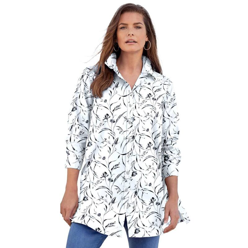 ロアマンズ レディース トップス ティーシャツ 付け加える大いさ 綿織物 長袖 Roaman\u0027s Women\u0027s Plusize Kate Long-Sleeve Crisp Cotton-Blend Button-Frontunic White Painterly Vine 白いこと Tシャツ・カットソー-トップス-レディースファッション