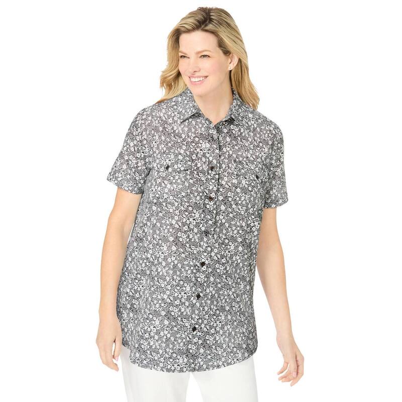 ウーマン ウィズイン レディース トップス シャツ プラスサイズ 半袖 コットン Woman Within Plusize Short-Sleeve Cotton Campshirt Black Paisley Ditsy ブラック|ReVida 店