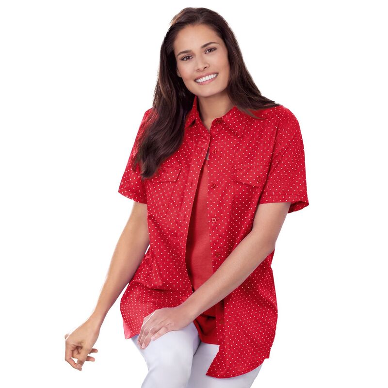 ウーマン ウィズイン レディース トップス シャツ プラスサイズ 半袖 コットン Woman Within Plusize Short-Sleeve Cotton Campshirt Vivid Red Mini Dot レッド