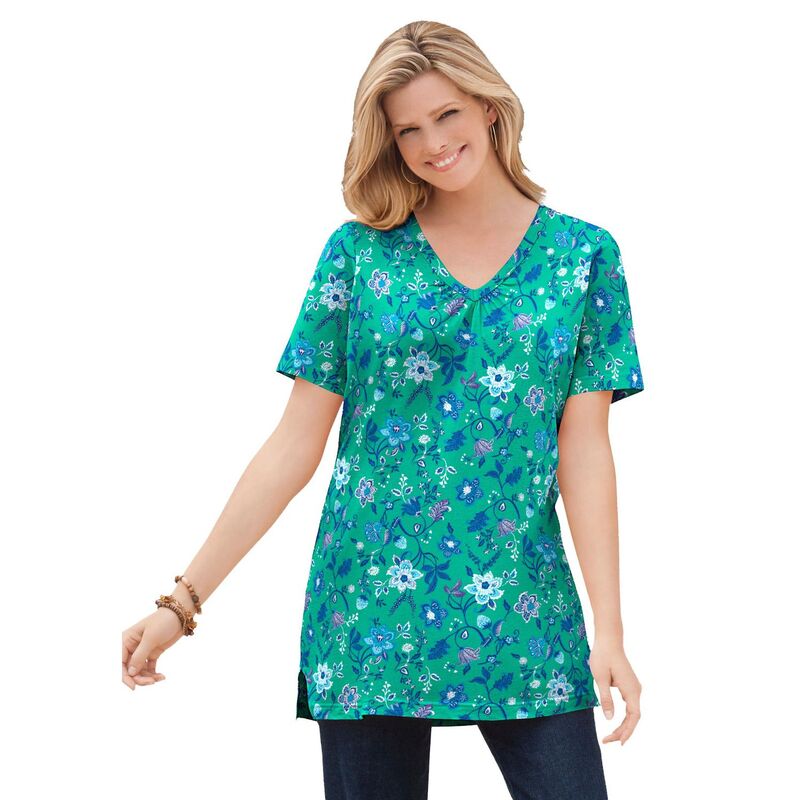 ウーマン ウィズイン レディース トップス Tシャツ Vネック プラスサイズ プリント 半袖 Woman Within Plusize Perfect Printed Short-Sleeve Shirred V-Neck Tunic Pretty Jade Jacquard
