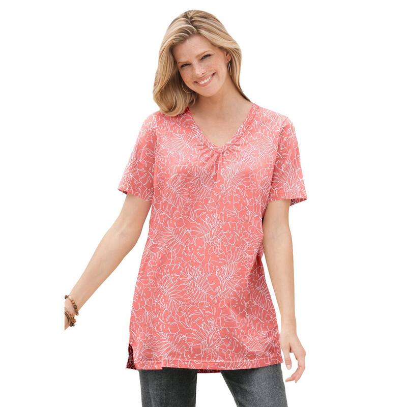 ウーマン ウィズイン レディース トップス Tシャツ Vネック プラスサイズ プリント 半袖 Woman Within Plusize Perfect Printed Short-Sleeve Shirred V-Neck Tunic Sweet Coral Palm コーラル