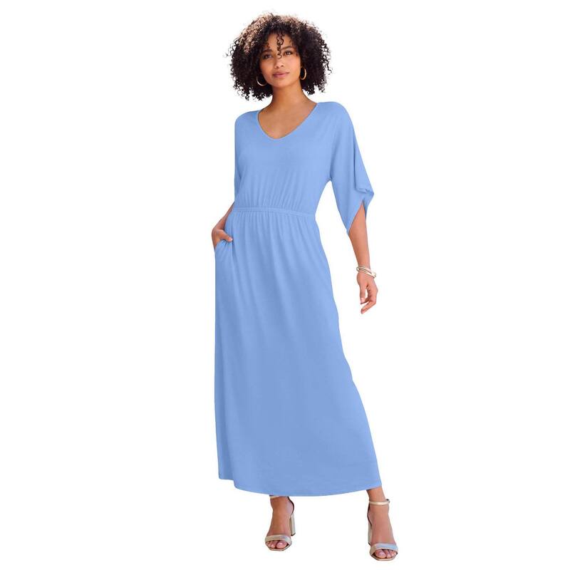 ロアマンズ レディース トップス ワンピース プラスサイズ ニット マキシ Roaman's Women's Plusize Stretch Knit Dolman Sleeve Maxi Dress French Blue ブルー