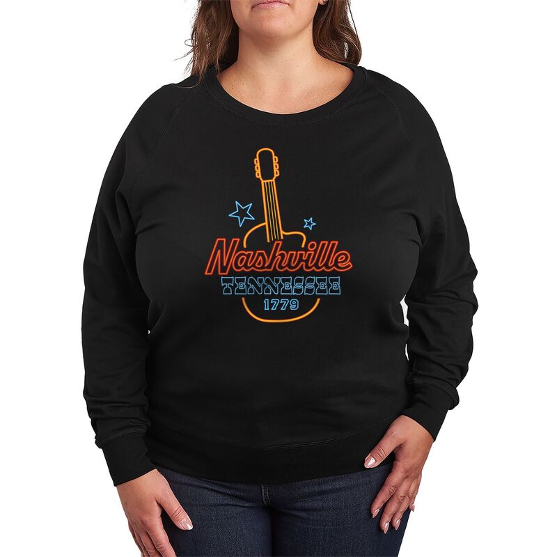 アニメキャラクター レディース トップス Tシャツ プラスサイズ パイル Licensed Character Plusize Nashville Tennessee Guitar Neon Sign French Terry Long Sleeve Tee Black ブラック