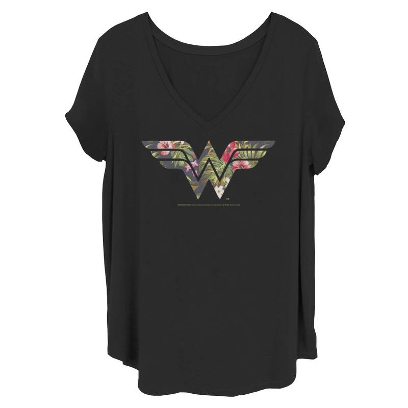 アニメキャラクター レディース トップス Tシャツ プラスサイズ ロゴ LICENSED CHARACTER Juniors' Plusize DComics Wonder Woman Tropicalogo Tee Black ブラック