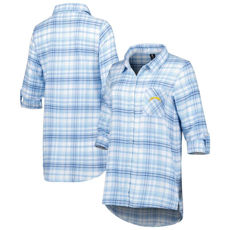 アンブランデッド レディース アンダー御召しもの ナイト爵御召しもの プルオーバー Unbranded Women\u0027s Conceptsport Powder Blue/Navy Los Angeles Chargers Mainstay Flannel Full-Button Long Sleeve Nightshirt Chg Light 米国海軍