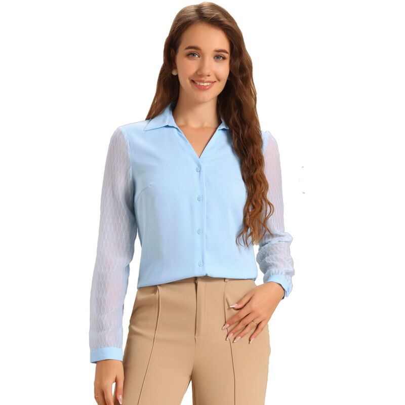 アレグラ ケー レディース トップス シャツ Vネック メッシュ ブラウス ALLEGRA K V Neck Blouse for Women's Lapel Collar Mesh Panelantern Sleevelegant Office Work Shirt Light Blue ブルー