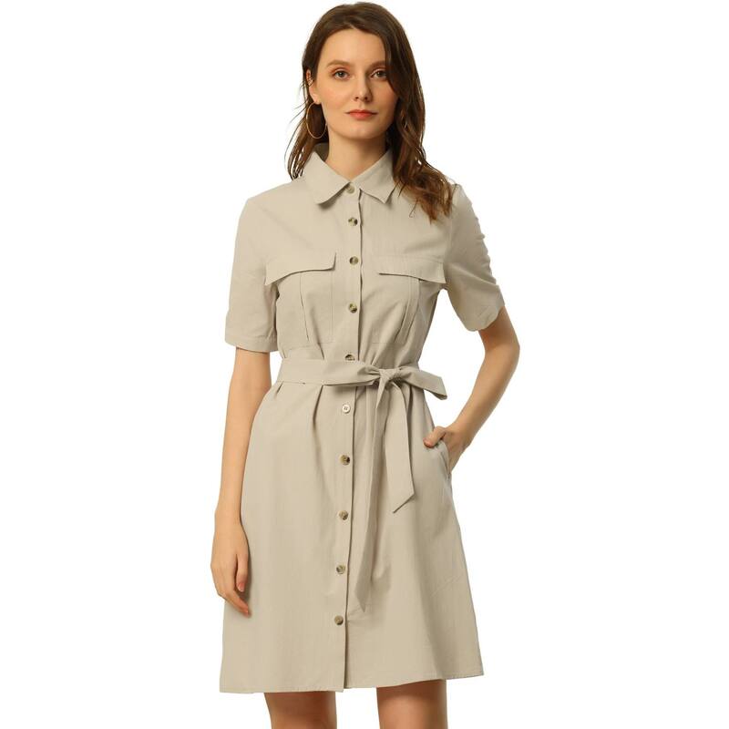 アレグラ ケー レディース トップス ワンピース シャツ ALLEGRA K Women's Collared Short Sleeve Safari Pocket Belt Button up Shirt Dress Beige ベージュ|ReVida 店