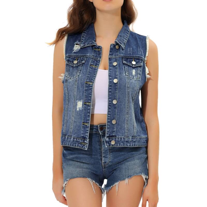 アレグラ ケー レディース アウター ジャケット・ブルゾン ベスト ダウン デニム ALLEGRA K Women's Turn Down Collar Button Denim Washed Vest Blue ブルー｜ReVida 店
