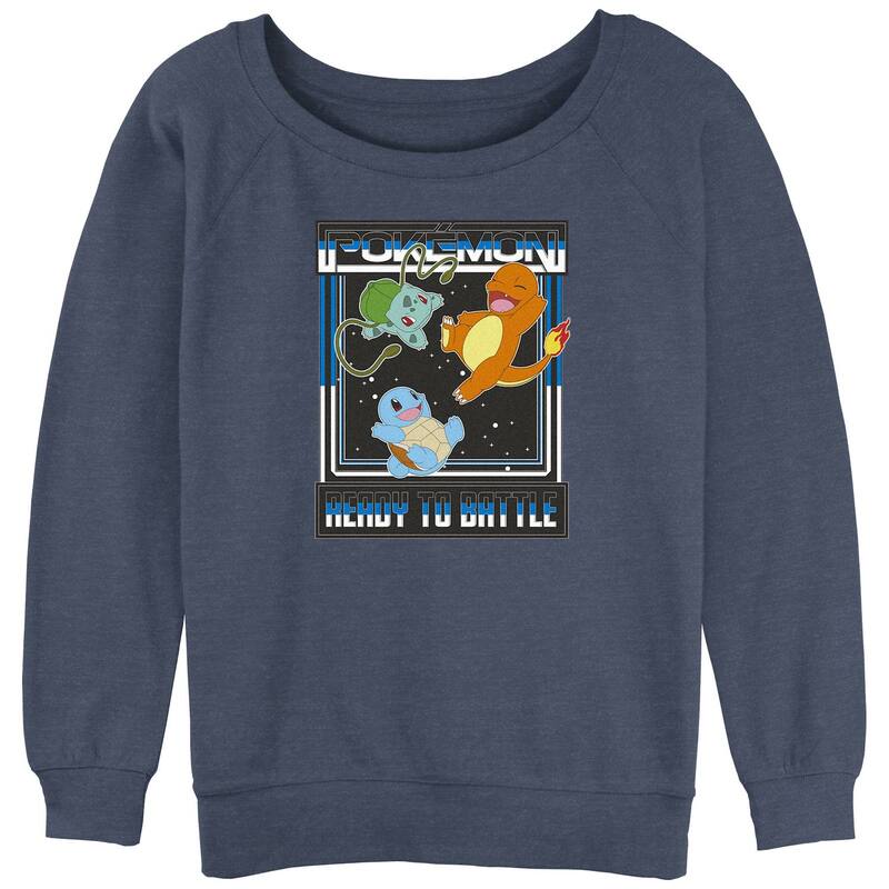 アニメキャラクター レディース トップス Tシャツ パイル Licensed Character Juniors' Pokemon Bulbasaur Charmander Squirtle Ready To Battle Slouchy Terry Pullover Blue Heather ヘザー
