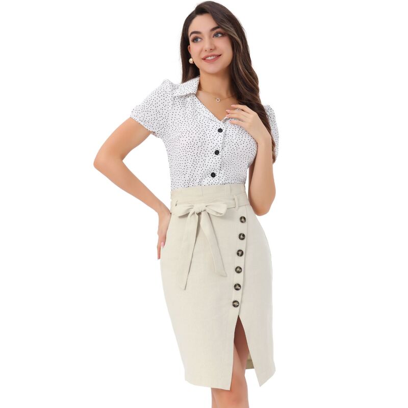 アレグラ ケー レディース ボトムスカート ALLEGRA K Women's Button Decor Split Belted Tie Waist Pencil Skirt Beige ベージュ