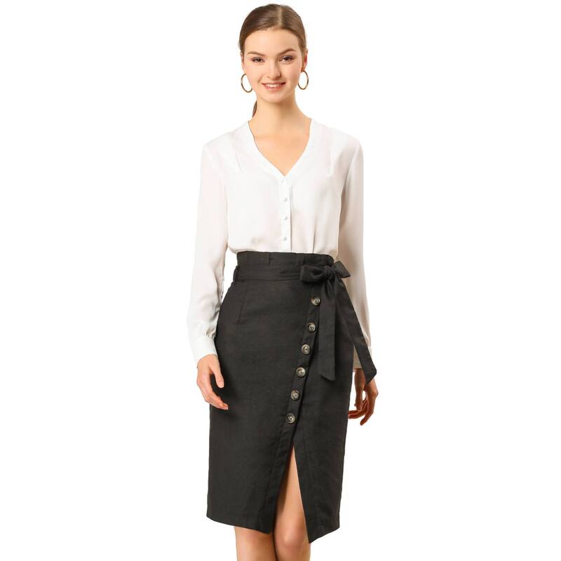 アレグラ ケー レディース ボトムスカート ALLEGRA K Women's Button Decor Split Belted Tie Waist Pencil Skirt Black ブラック