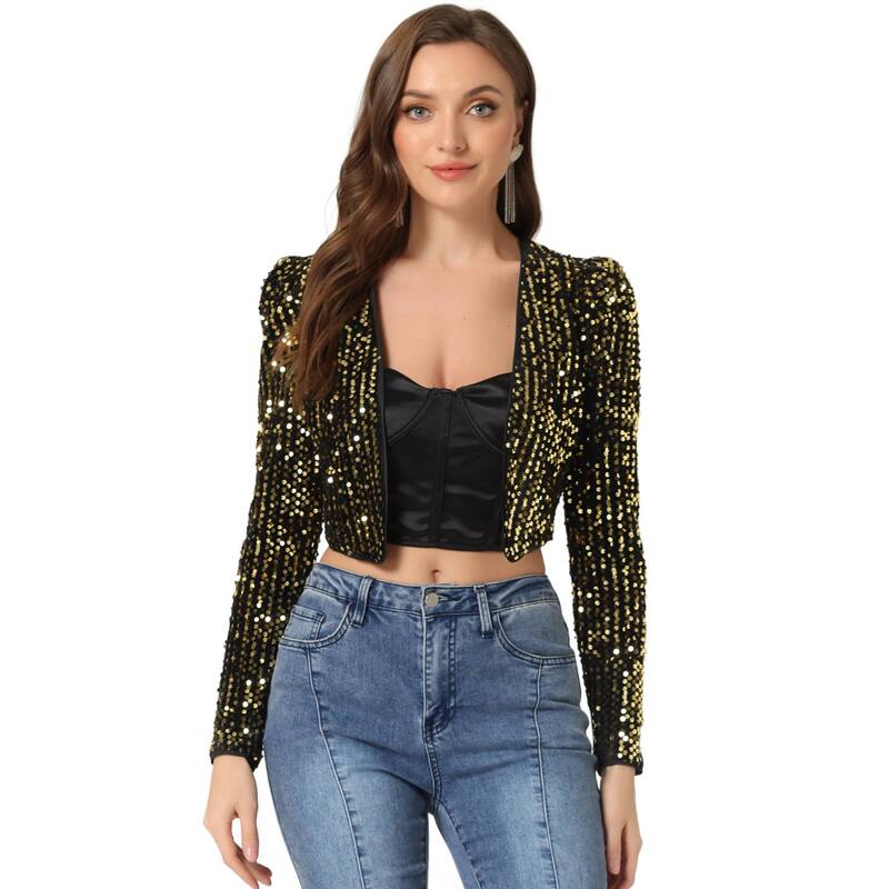 アレグラ ケー レディース アウター 上衣・上衣 スパンコール クロップド ALLEGRA K Women\u0027s Party Shiny Sequin Long Sleeve Open Front Shrug Cropped Jacket Black Gold 黒いこと レディースファッション-コート・ジャケット