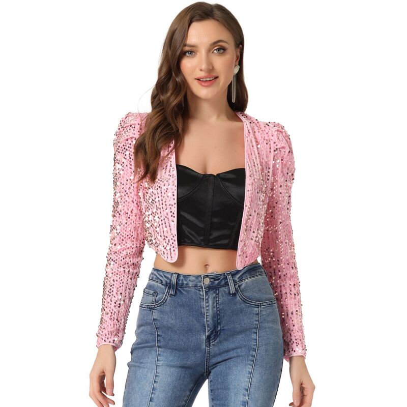 アレグラ ケー レディース アウター ジャケット・ブルゾン スパンコール クロップド ALLEGRA K Women's Party Shiny Sequin Long Sleeve Open Front Shrug Cropped Jacket Pink ピンク