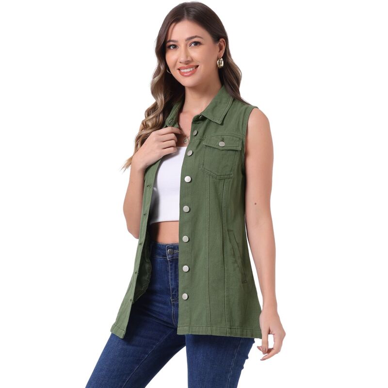 アレグラ ケー レディース アウター ジャケット・ブルゾン ボタンダウン ベスト ノースリーブ ダウン デニム ALLEGRA K Women's Casual Button Down Sleeveless Pockets Mid-long Denim Vest Army Green グリーン|ReVida 店