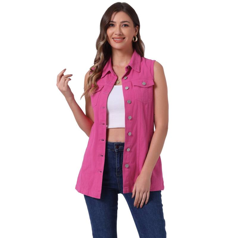 アレグラ ケー レディース アウター ジャケット・ブルゾン ボタンダウン ベスト ノースリーブ ダウン デニム ALLEGRA K Women's Casual Button Down Sleeveless Pockets Mid-long Denim Vest Hot Pink ピンク｜ReVida 店