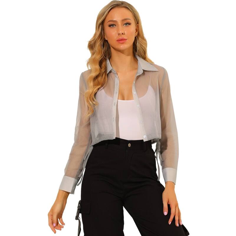 アレグラ ケー レディース トップス シャツ ボタンダウン シアー ダウン クロップド ジャケット ALLEGRA K Women'see Through Top Long Sleeve Drawstring Hem Button Down Cropped Sheer Jacket Gray グレー