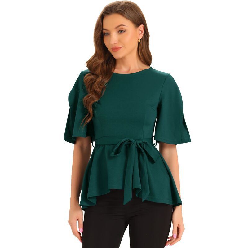 アレグラ ケー レディース トップス シャツ クルーネック ブラウス ALLEGRA K Women'split Half Sleeve Crew Neck Belted Knot Drap Casual Peplum Blouse Dark Green グリーン｜ReVida 店