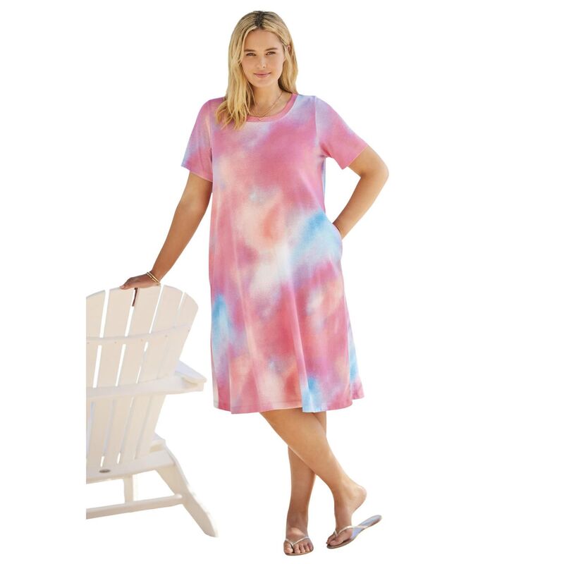 ウーマン ウィズイン レディース トップス ワンピース クルーネック プラスサイズ Tシャツ 半袖 Woman Within Plusize Perfect Short-Sleeve Crewneck Tee Dress Peony Petal Tie Dye