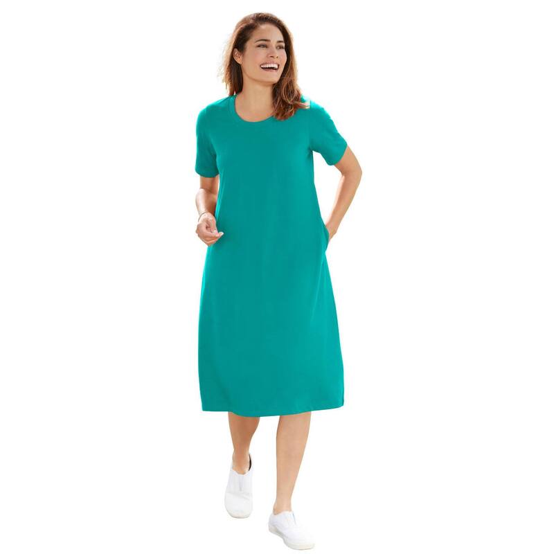 ウーマン ウィズイン レディース トップス ワンピース クルーネック プラスサイズ Tシャツ 半袖 Woman Within Plusize Perfect Short-Sleeve Crewneck Tee Dress Waterfall