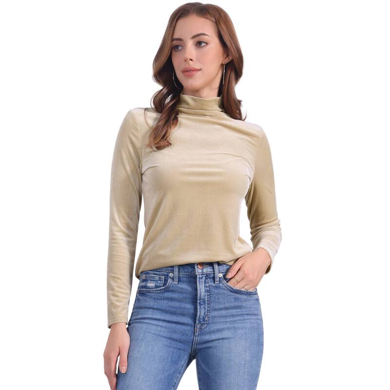 アレグラ ケー レディース トップス シャツ タートルネック ベルベット ブラウス ALLEGRA K Women's Turtleneck Velvetop Long Sleeve Work Shirts Basic Velour Blouse Apricot アプリコット