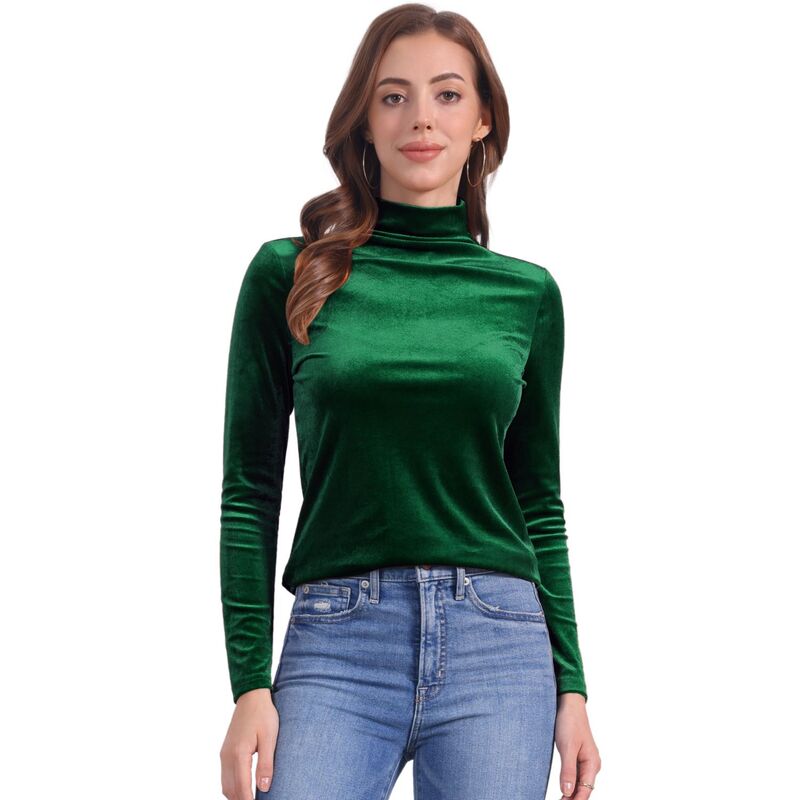 アレグラ ケー レディース トップス シャツ タートルネック ベルベット ブラウス ALLEGRA K Women's Turtleneck Velvetop Long Sleeve Work Shirts Basic Velour Blouse Dark Green グリーン