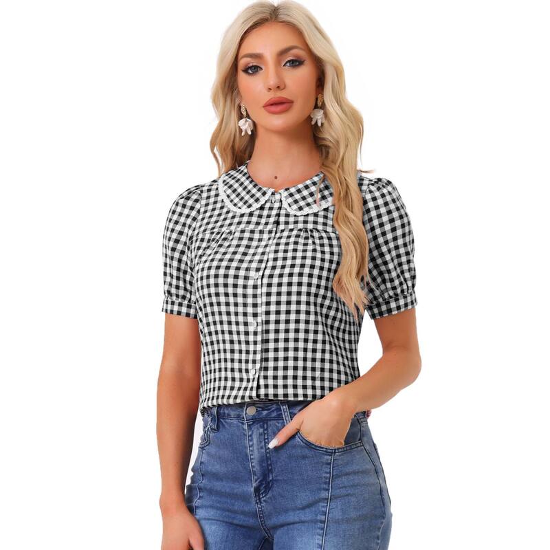 アレグラ ケー レディース トップス プルオーバー 対照 トップ ALLEGRA K Women\u0027s Contrast Peter Pan Collar Blouse Short Sleeve Plaid Shirtop Black 黒いこと