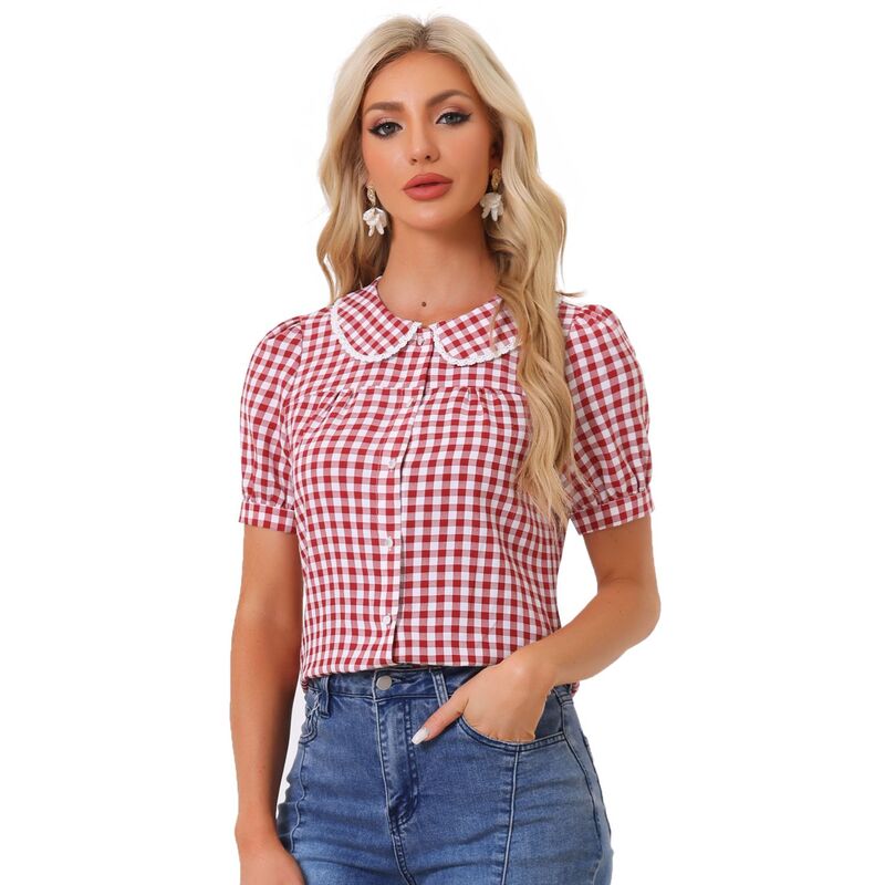 アレグラ ケー レディース トップス プルオーバー 対照 トップ ALLEGRA K Women\u0027s Contrast Peter Pan Collar Blouse Short Sleeve Plaid Shirtop Red 赤いこと