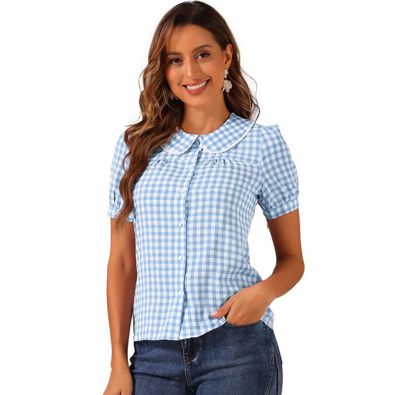 アレグラ ケー レディース トップス プルオーバー 対照 トップ ALLEGRA K Women\u0027s Contrast Peter Pan Collar Blouse Short Sleeve Plaid Shirtop Sky Blue 青み