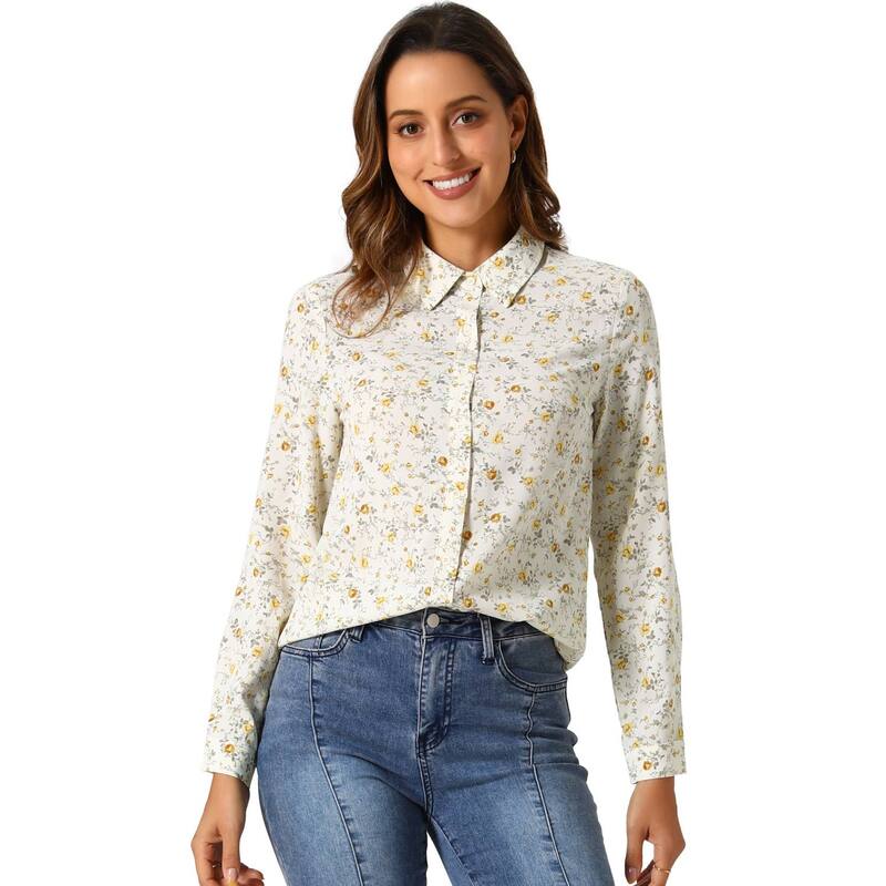アレグラ ケー レディース トップス シャツ ボタンダウン フラワー柄 ダウン フラワー ALLEGRA K Women's Button Down Long Sleeve Ditsy Floral Shirt Beige Yellow Floral イエロー