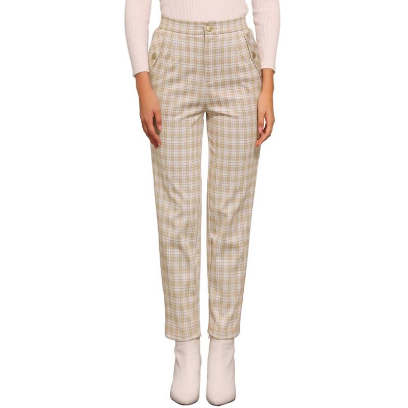 アレグラ ケー レディース ボトムス カジュアルパンツ ハイウエスト ALLEGRA K Women's Tartan Plaid Pants Elastic High Waistraight Long Trousers Khaki カーキ