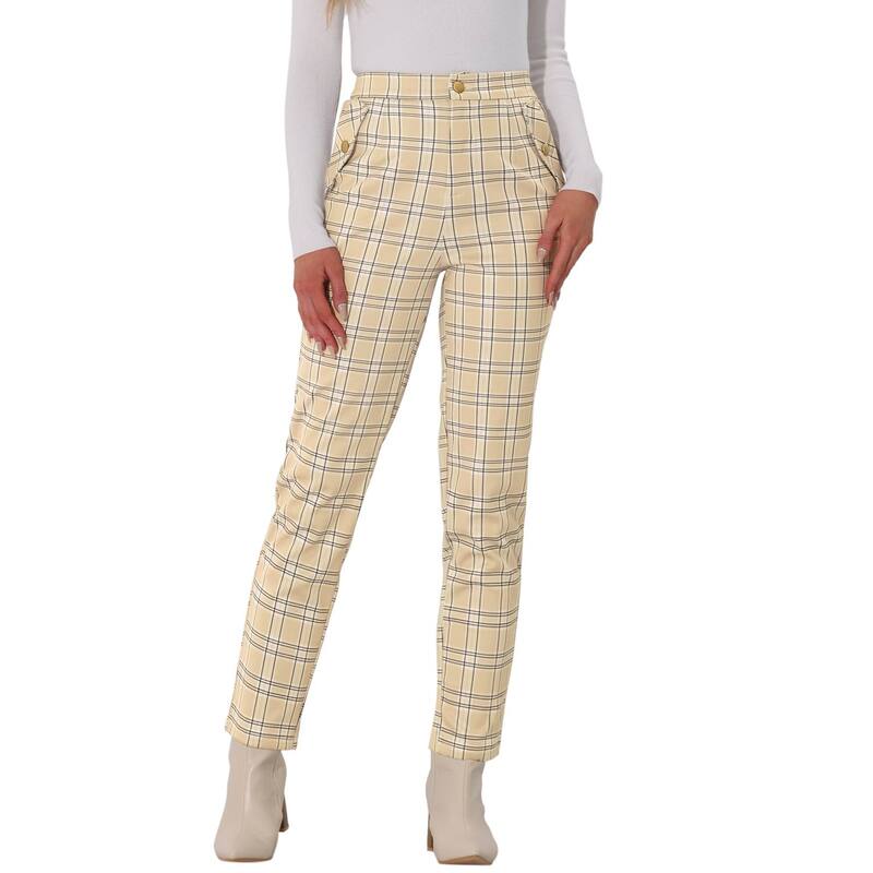 アレグラ ケー レディース ボトムス カジュアルパンツ ハイウエスト ALLEGRA K Women's Tartan Plaid Pants Elastic High Waistraight Long Trousers Light Beige ベージュ