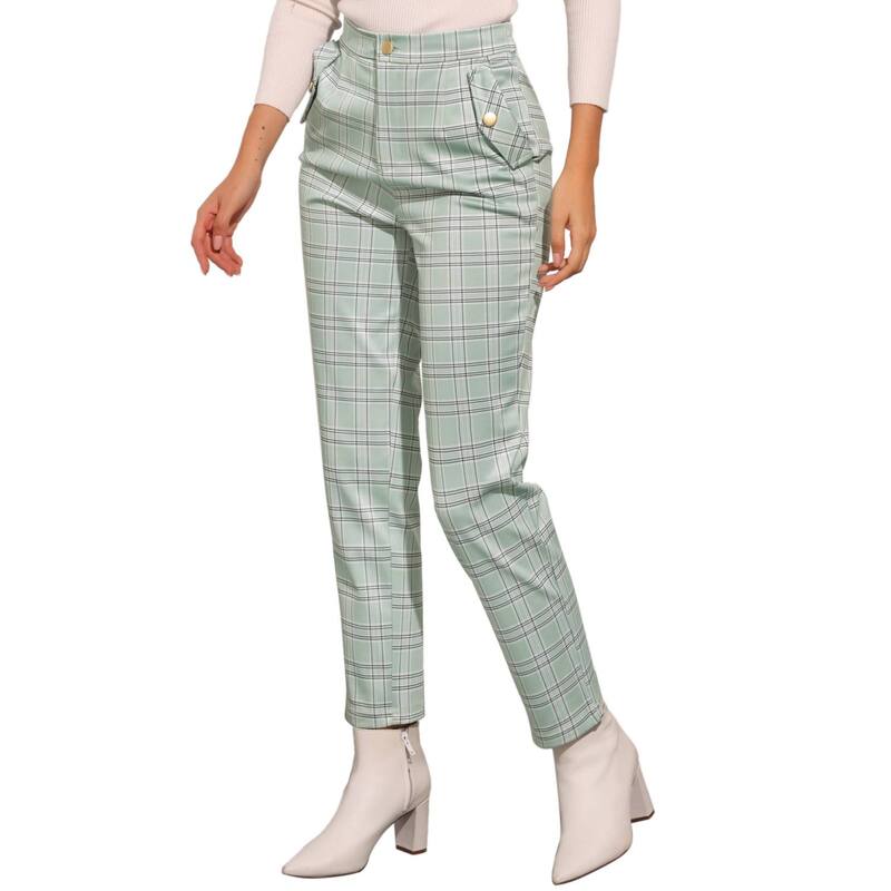 アレグラ ケー レディース ボトムス カジュアルパンツ ハイウエスト ALLEGRA K Women's Tartan Plaid Pants Elastic High Waistraight Long Trousers Light Green グリーン