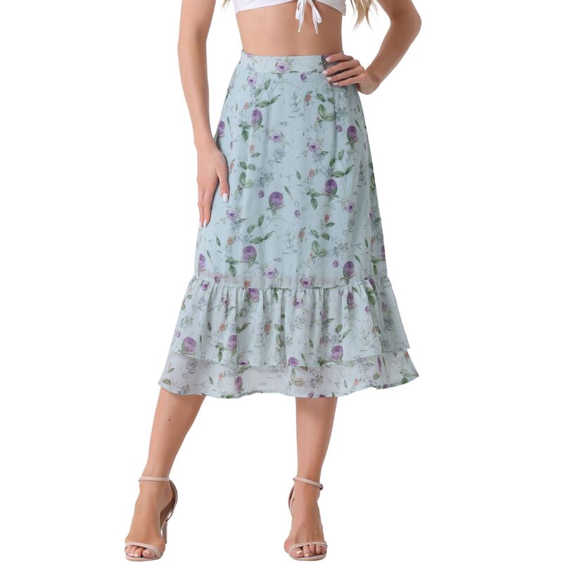 アレグラ ケー レディース ボトムスカート フリル裾 フラワー柄 プリント フリル ミディ フラワー ALLEGRA K Women's Floral Print Elastic Waist Ruffle Hemidi Skirt Blue Purple Floral ブルー