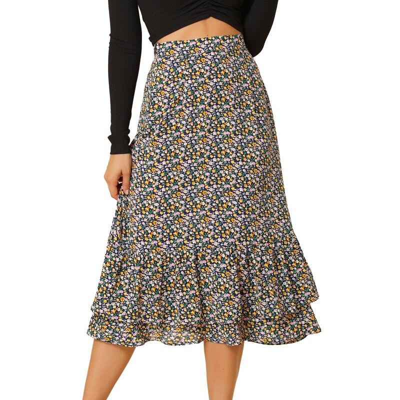 アレグラ ケー レディース ボトムスカート フリル裾 フラワー柄 プリント フリル ミディ フラワー ALLEGRA K Women's Floral Print Elastic Waist Ruffle Hemidi Skirt Dark Blue Floral ブルー