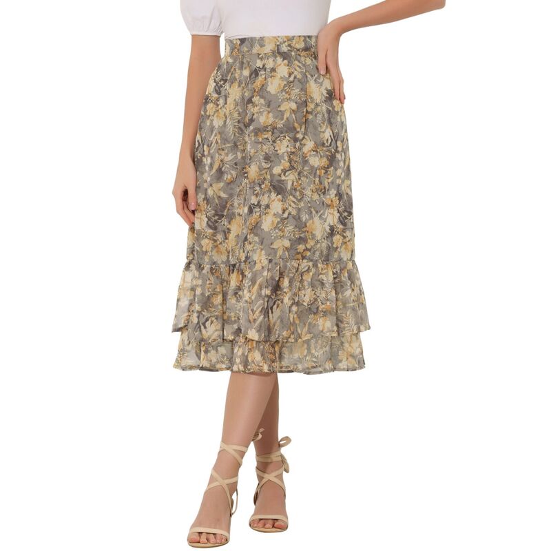 アレグラ ケー レディース ボトムスカート フリル裾 フラワー柄 プリント フリル ミディ フラワー ALLEGRA K Women's Floral Print Elastic Waist Ruffle Hemidi Skirt Light Grey Floral グレー